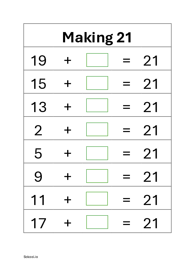 Addition: Making 21 math worksheet.
